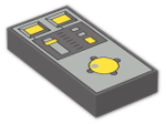 LEGO® Brick: Tile 1 x 2 with Yellow Buttons and Knob Controls Pattern 3069bpc1 | Color: Dark Stone Grey